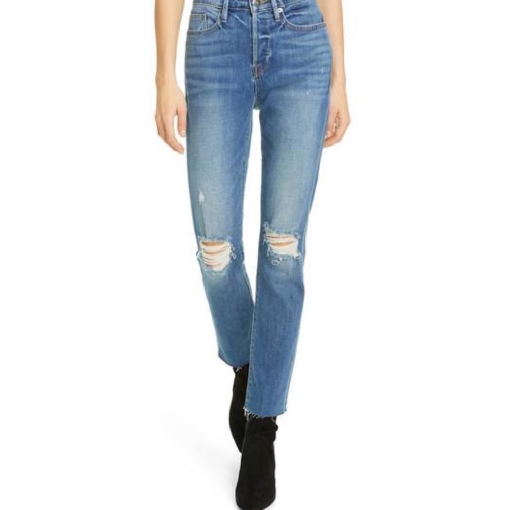 Frame Le Beau Ankle Straight Leg Boyfriend Jeans Womens 23 Cleo Rips Wash